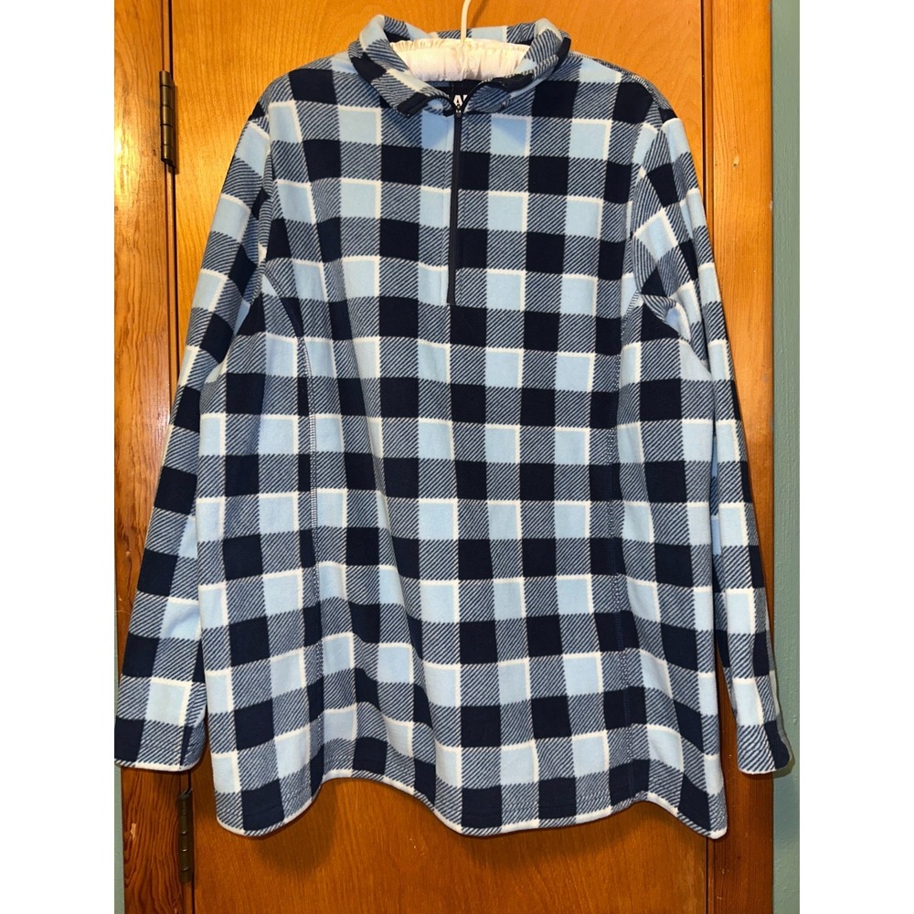Lands End Women's Blue Plaid Fleece‎ Pullover 1/4 Zip Jacket Top Sweatshirt  1XL